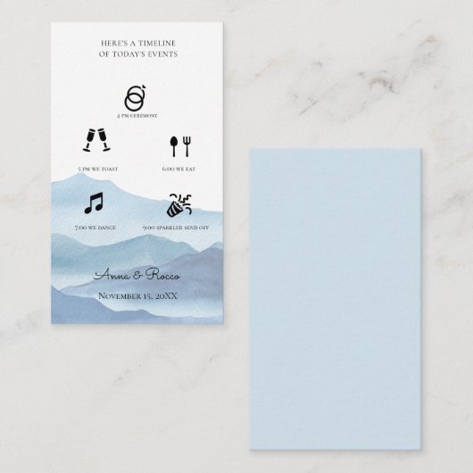 Moderne Blauwe Waterverf Bruiloft Tijdlijn Informatiekaartje (Voorkant / Achterkant)