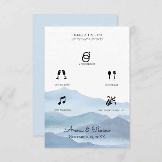 Moderne Blauwe Waterverf Bruiloft Tijdlijn Informatiekaartje (Voorkant / Achterkant)