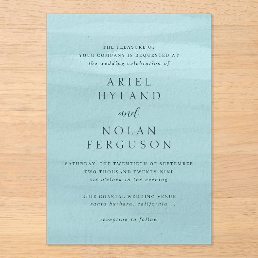 Moderne Blauwe Waterverf Elegante bruiloft Acryl Uitnodigingen (Voorkant)