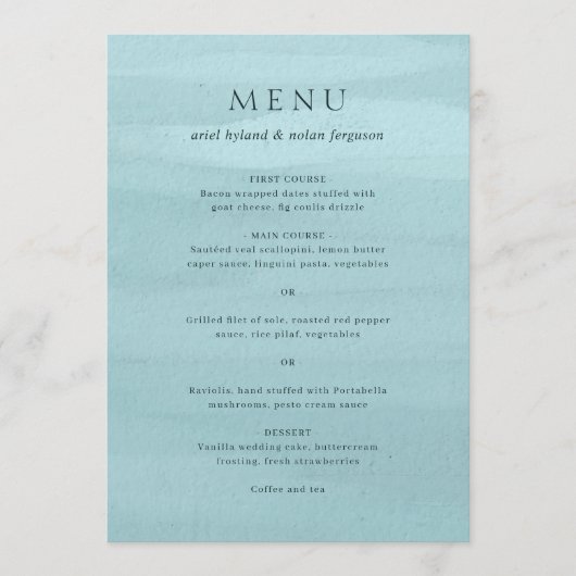 Moderne Blauwe Waterverf Elegante bruiloft Menu (Voorkant)