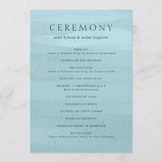 Moderne Blauwe Waterverf Elegante bruiloft Programmakaart (Voorkant)