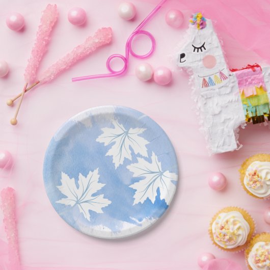 Moderne blauwe waterverf en paarse bladeren papieren bordje (Feest)