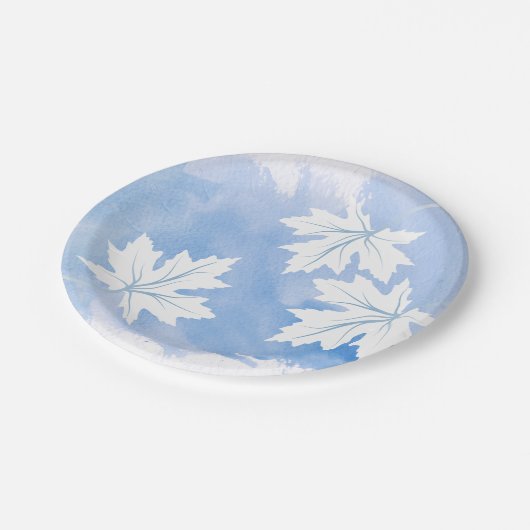 Moderne blauwe waterverf en paarse bladeren papieren bordje (Gekanteld)