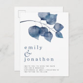 Moderne Blauwe Waterverf Foliage Bruiloft Opslagda Aankondigingskaart (Voorkant / Achterkant)