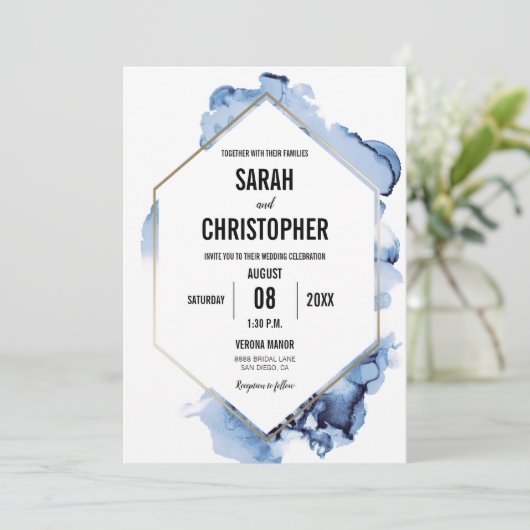 Moderne Blauwe Waterverf met Goud Lijst Kaart (Staand voorkant)