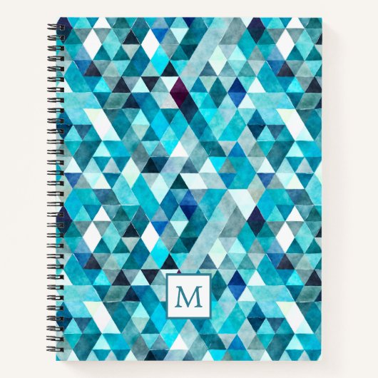 Moderne Blauwe Waterverf Mozaïek Patroon Monogram Notitieboek (Voorkant)