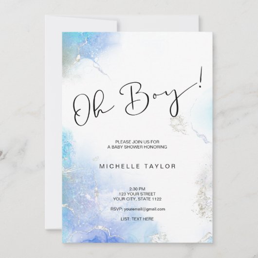 Moderne blauwe waterverf oh baby shower kaart (Voorkant)