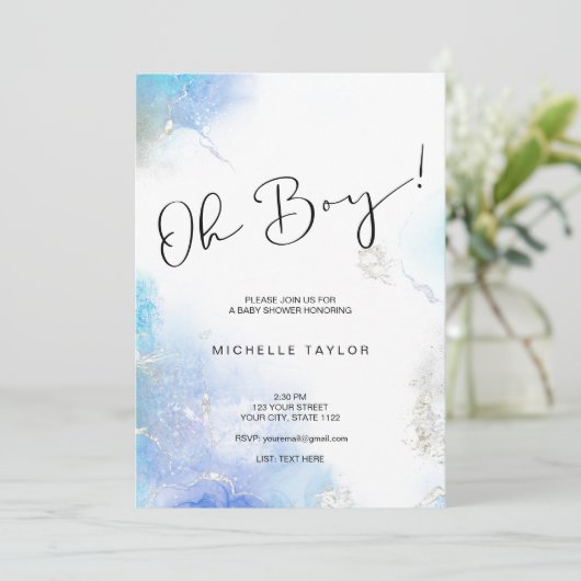 Moderne blauwe waterverf oh baby shower kaart (Staand voorkant)
