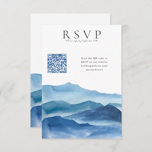 Moderne Blauwe Waterverf RSVP met QR Code Bruiloft Informatiekaartje (Voorkant / Achterkant)