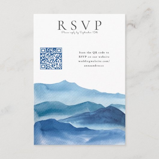 Moderne Blauwe Waterverf RSVP met QR Code Bruiloft Informatiekaartje (Voorkant)