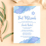 Moderne blauwe Waterverf ster van David BAT MITZVA Kaart<br><div class="desc">Mooie religieuze joodse bat (of bar) Mitzvah-uitnodigingskaarten. Lichte waterverf blauw met ster van David. Moderne scriptletters. 'Wordt naar de TORAH geroepen als prefect van Bat Mitzvah voor 12-jarige dochter,  meisje. Eenvoudig te bewerken - voeg alleen uw gegevens/tekst toe.</div>