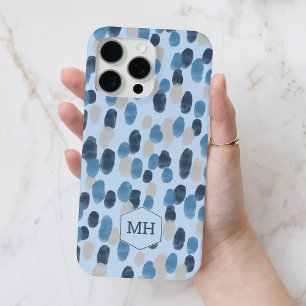 Moderne Blauwe Waterverf Stippenpatroon Monogram iPhone 15 Pro Max Hoesje