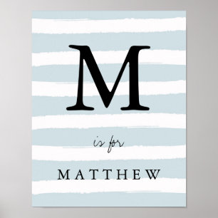Moderne blauwe Waterverf Stripes met zwart monogra Poster