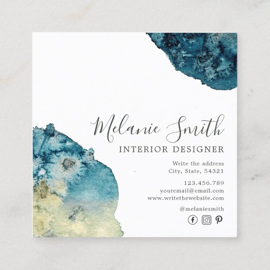 Moderne Blauwe Waterverf Unieke Interieurontwerper Vierkante Visitekaartje (Achterkant)