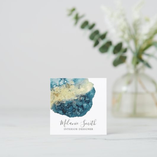 Moderne Blauwe Waterverf Unieke Interieurontwerper Vierkante Visitekaartje (Staand voorkant)