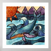 Moderne blauwe Waterverf walvis kust Poster (Voorkant)
