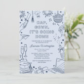 Moderne Blauwe Whimsicale Doodle Afstudeerfeest Kaart (Staand voorkant)