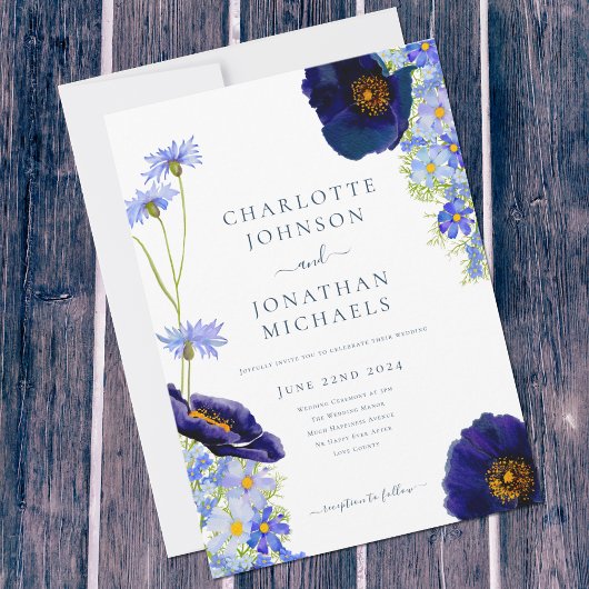 Moderne Blauwe Wildbloem Waterverf Rustieke Bruilo Kaart