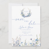 Moderne Blauwe Wilde Bloemen Save The Date (Voorkant)
