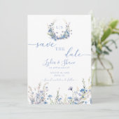 Moderne Blauwe Wilde Bloemen Save The Date (Staand voorkant)