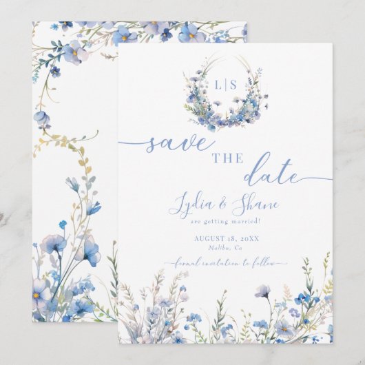 Moderne Blauwe Wilde Bloemen Save The Date (Voorkant / Achterkant)