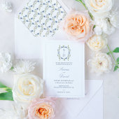 Moderne Blauwe Wildflowers Monogram Crest Wedding Kaart