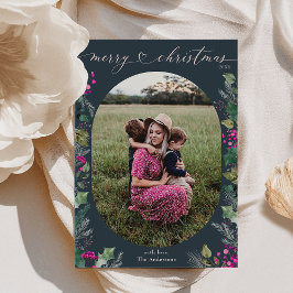 Moderne Blauwe Winter Botanicals 1 Foto Kerstmis Feestdagenkaart