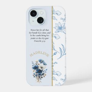 Moderne blauwe witte bloemrijke Bijbelvers iPhone 15 Case