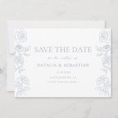 Moderne blauwe & witte Franse rozen bruiloft Save The Date (Voorkant)