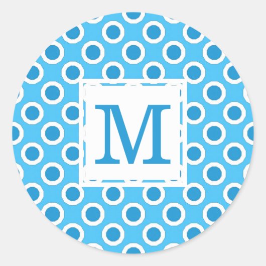 Moderne Blauwe Witte Grote Stippen Monogram Ronde Sticker (Voorkant)