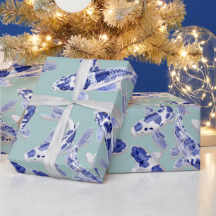 Moderne blauwe witte koi vis cadeaupapier
