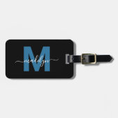 Moderne Blauwe Witte Naam Monogram Bagagelabel (Voorkant horizontaal)