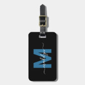 Moderne Blauwe Witte Naam Monogram Bagagelabel (Voorkant verticaal)