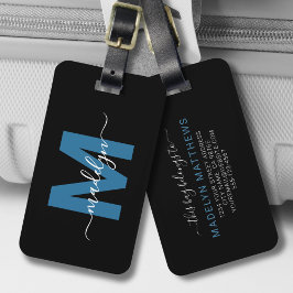 Moderne Blauwe Witte Naam Monogram Bagagelabel