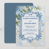 Moderne Blauwe & Witte Overlay Bloemen bruiloft Kaart (Voorkant / Achterkant)