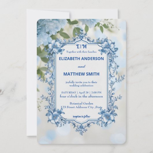 Moderne Blauwe & Witte Overlay Bloemen bruiloft Kaart (Voorkant)