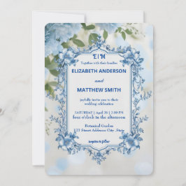 Moderne Blauwe & Witte Overlay Bloemen bruiloft Kaart