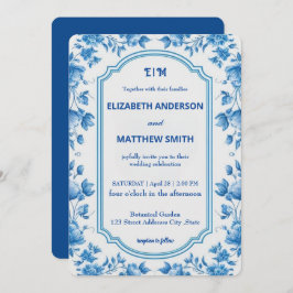 Moderne Blauwe & Witte Overlay Bloemen bruiloft Kaart