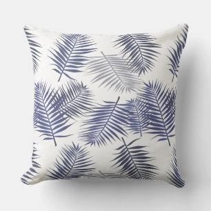 Moderne Blauwe & Witte Palmbladeren Kussen