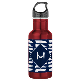 Moderne Blauwe Witte Patroon Stijlvolle Monogram Waterfles