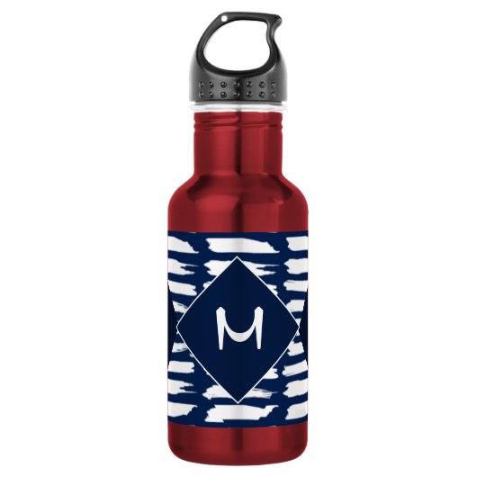 Moderne Blauwe Witte Patroon Stijlvolle Monogram Waterfles (Voorkant)