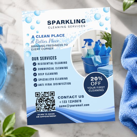Moderne Blauwe Witte Professionele Schoonmaakdiens Flyer