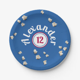 Moderne Blauwe Witte Rode Popcorn Bioscoop Jongens Papieren Bordje