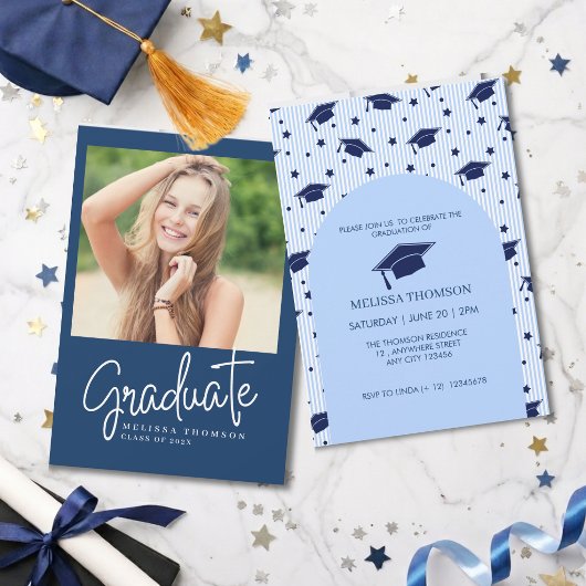 Moderne Blauwe Witte Script Foto Afstudeerfeest Kaart