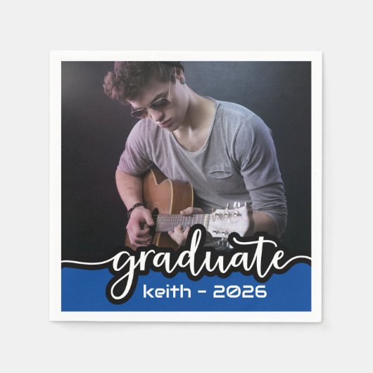 Moderne blauwe witte script foto servetten (Voorkant)
