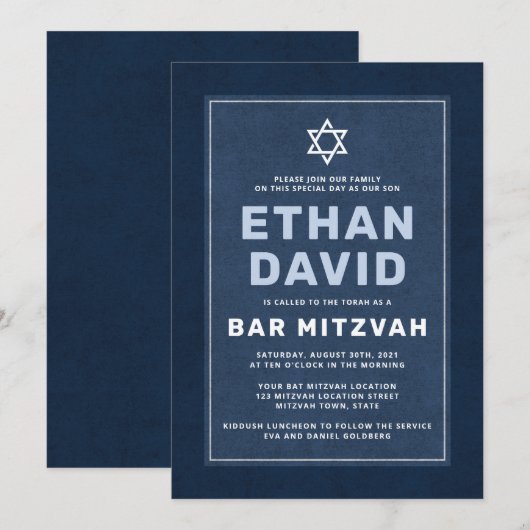 Moderne blauwe witte ster van David bar mitzvah Kaart (Voorkant / Achterkant)