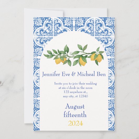 Moderne Blauwe & Witte Tegels Citroenbruiloft Kaart (Voorkant)