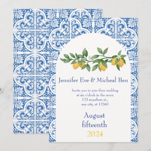 Moderne Blauwe & Witte Tegels Citroenbruiloft Kaart (Voorkant / Achterkant)