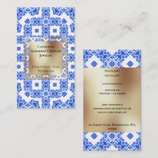 Moderne blauwe witte tegels goudplein - middelland visitekaartje (Voorkant / Achterkant)