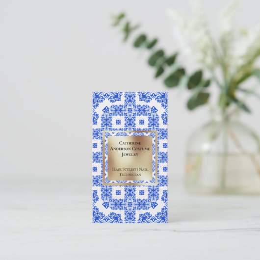 Moderne blauwe witte tegels goudplein - middelland visitekaartje (Staand voorkant)